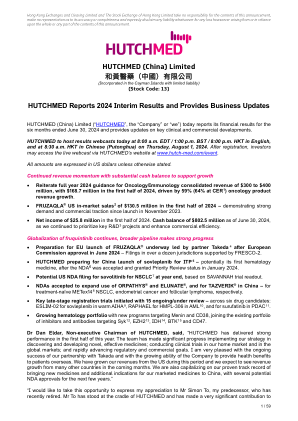 HUTCHMED 公布 2024 年中期业绩并提供业务更新